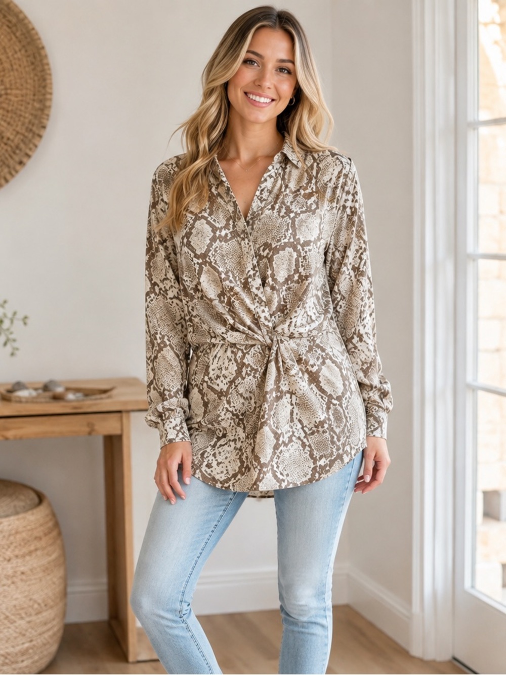 fab'rik Neutral Snakeskin Print Twist Front Tunic Blouse- Small